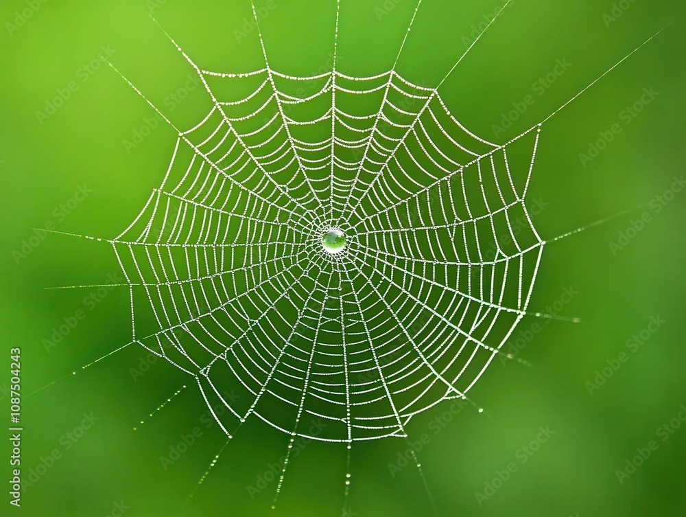 Obraz premium Early morning dew on spider web in a meadow, natural macro shot, delicate outdoors