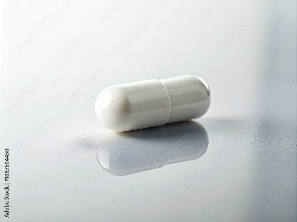 Minimalist Probiotic Capsule on Glossy Surface, Reflecting Light, Clean Environment, Simplicity, Copy Space, Health Concept, White Capsule, Minimalism, Wellness, Nutrition. Minimalist Probiotic Capsule on Glossy Surface, Reflecting Light, Clean Environment, Simplicity, Copy Space, Health Concept, White Capsule, Minimalism, Wellness, Nutrition.
