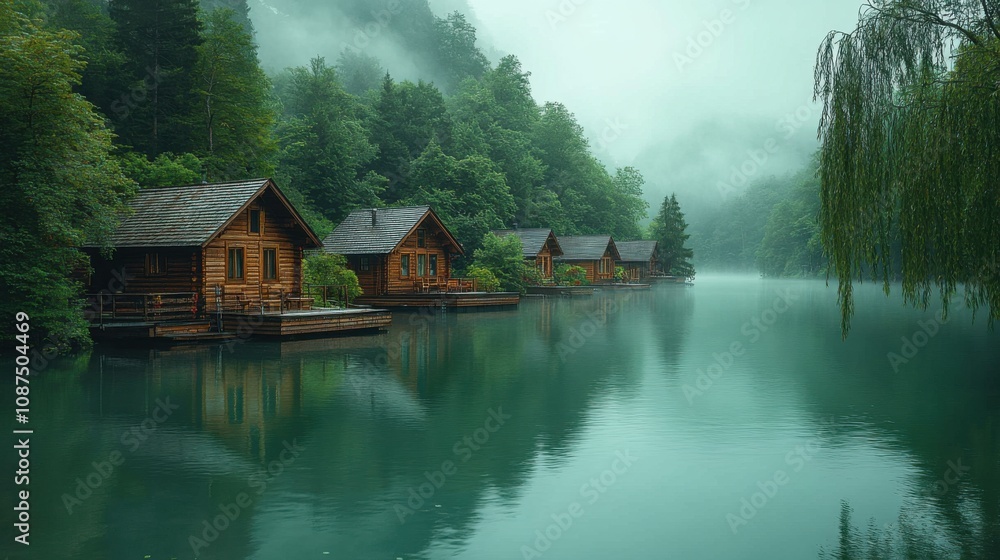 Fototapeta premium Serene wooden cabins on a misty lake