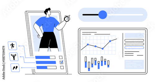 Character on fitness app screen with exercise icons and progress bars adjacent dashboard displaying graphs and statistics. Ideal for health tracking, wellness apps, data visualization, user interface