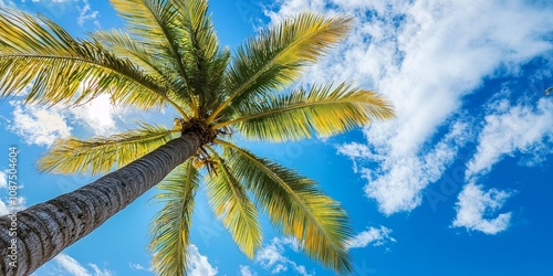 Gazing up at a palm tree against a radiant blue sky on a clear day, this image captures the essence of serenity and natural beauty offered by the palm tree in a vibrant atmosphere.