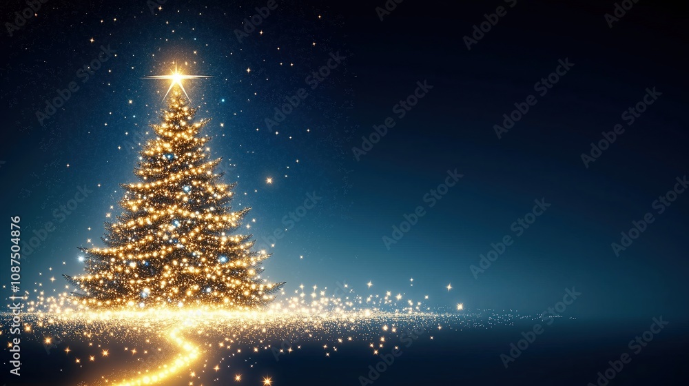 A beautifully illuminated Christmas tree with glowing lights in a starry night field A beautifully illuminated Christmas tree with glowing lights in a starry night field