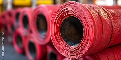 Red fire hose rolled neatly, ensuring fire equipment and extinguishers are readily accessible for immediate use in case of emergencies involving fire. Fire hose prepared for quick action. photo