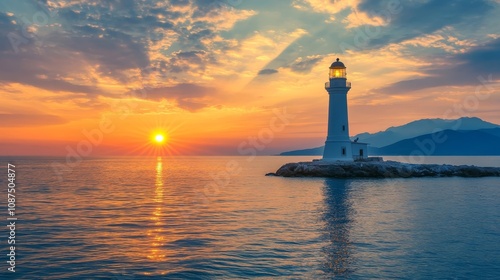 lighthouse in the sea while sunrise / sunset 