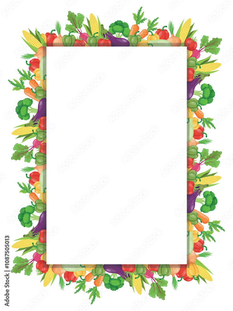 A vertical banner featuring a frame surrounded by fresh vegetables on a clean background with space for text, perfect for recipes, menus, or healthy food themes. Vector illustration. A vertical banner featuring a frame surrounded by fresh vegetables on a clean background with space for text, perfect for recipes, menus, or healthy food themes. Vector illustration.