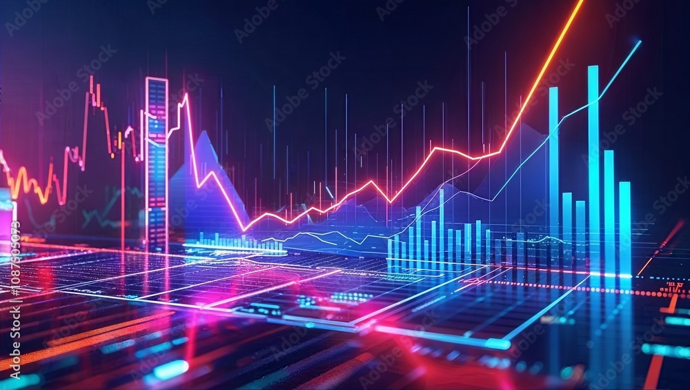 Futuristic digital graph with neon colors and rising trend, displaying data analysis and technology in a dark setting. Futuristic digital graph with neon colors and rising trend, displaying data analysis and technology in a dark setting.