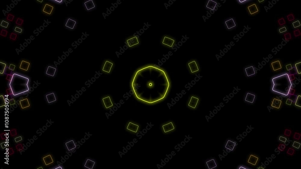 Neon Geometric Kaleidoscope: Vibrant Squares and Radiant Center Neon Geometric Kaleidoscope: Vibrant Squares and Radiant Center