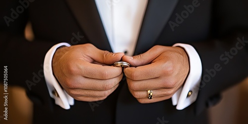 Wedding ring, hands showcasing the groom s commitment and pride, symbolize celebration and relationship. A closeup of the groom in a tuxedo, highlighting the joy of marriage at the event. photo