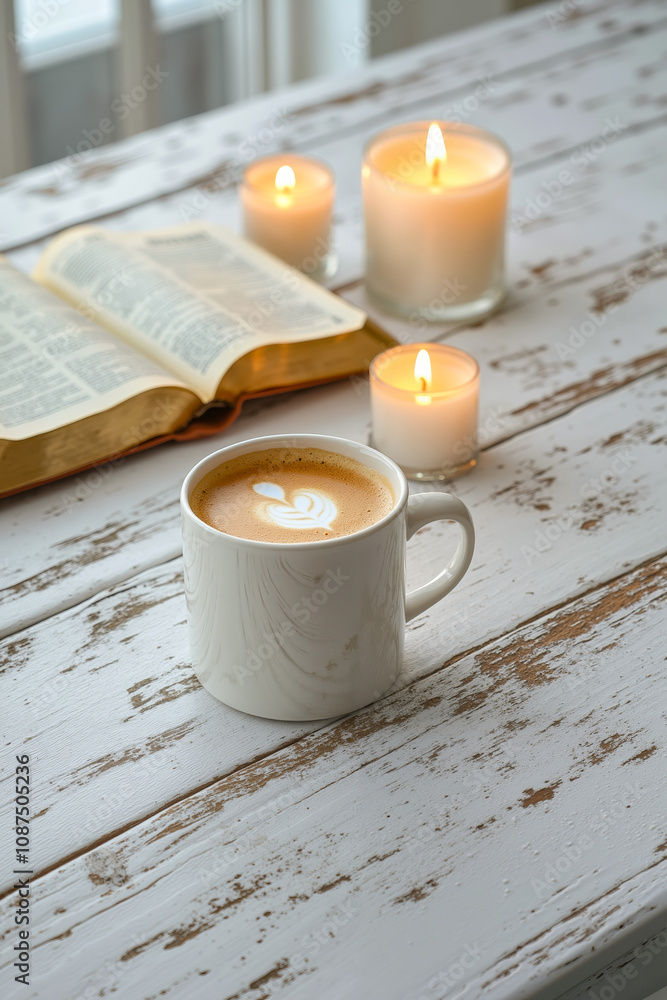 A cup of coffee sitting on top of a wooden table next to a book A cup of coffee sitting on top of a wooden table next to a book