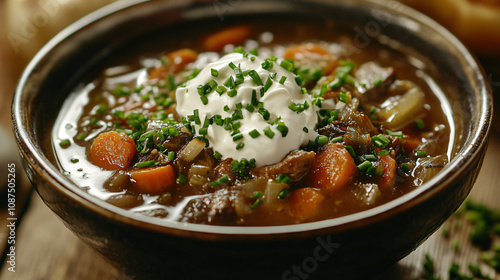 A rich soup made with roasted chestnuts, carrots, and leeks, topped with a dollop of sour cream and chives.