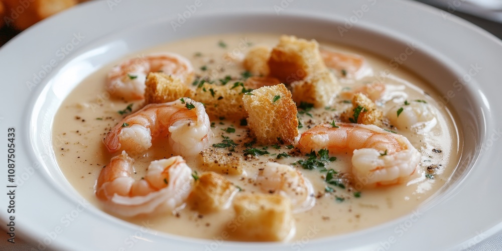 Creamy vegetable soup featuring shrimp and croutons served in a white bowl, highlighting the rich texture of the vegetable cream soup and the delightful combination of flavors. Creamy vegetable soup featuring shrimp and croutons served in a white bowl, highlighting the rich texture of the vegetable cream soup and the delightful combination of flavors.