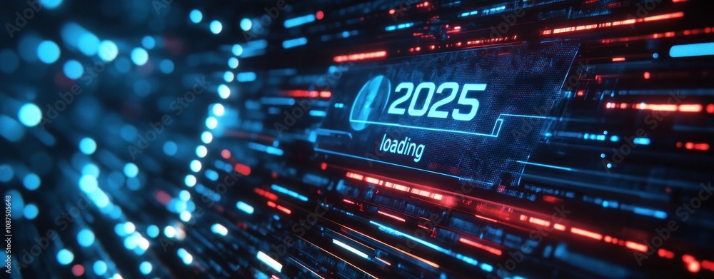 Futuristic digital artwork depicting 2025 loading, featuring neon lights and dynamic elements symbolizing the transition to the new year Futuristic digital artwork depicting 2025 loading, featuring neon lights and dynamic elements symbolizing the transition to the new year
