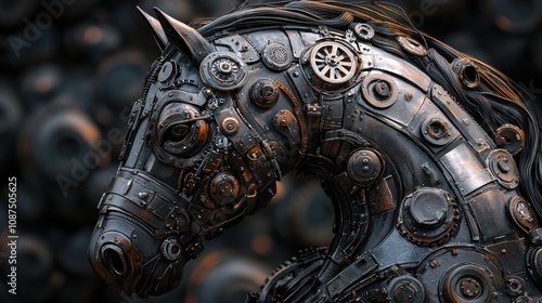 Metallic horse sculpture made of gears