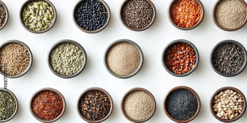 Collection of seeds displayed in bowls against a clean white background, showcasing various types of seeds to highlight their unique shapes, colors, and textures in a visually appealing way. Collection of seeds displayed in bowls against a clean white background, showcasing various types of seeds to highlight their unique shapes, colors, and textures in a visually appealing way.