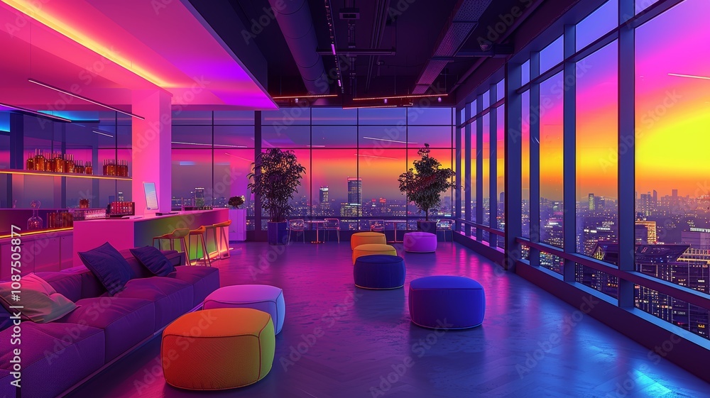 Modern Rooftop Lounge with Vibrant Neon Lighting and Panoramic City Views at Sunset Modern Rooftop Lounge with Vibrant Neon Lighting and Panoramic City Views at Sunset