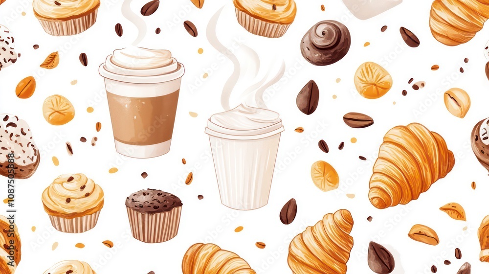 Seamless pattern of coffee, croissants, muffins, and nuts on a white background. Seamless pattern of coffee, croissants, muffins, and nuts on a white background.