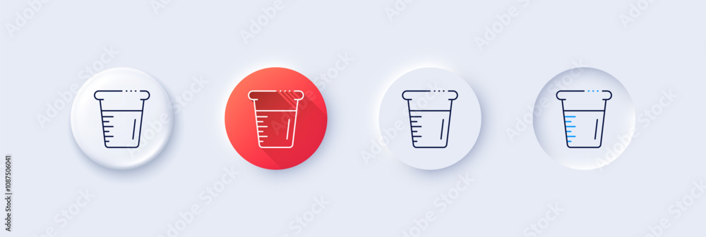 Cooking beaker line icon. Neumorphic, Red gradient, 3d pin buttons. Glass water sign. Measuring cup symbol. Line icons. Neumorphic buttons with outline signs. Vector Cooking beaker line icon. Neumorphic, Red gradient, 3d pin buttons. Glass water sign. Measuring cup symbol. Line icons. Neumorphic buttons with outline signs. Vector