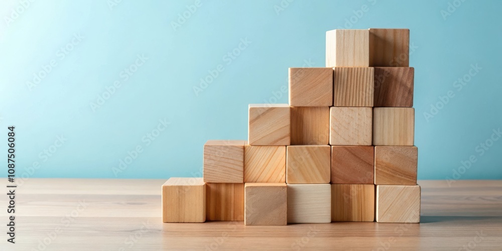 A Minimalist Stack of Wooden Blocks on a Light Brown Surface Against a Soft Blue Background A Minimalist Stack of Wooden Blocks on a Light Brown Surface Against a Soft Blue Background