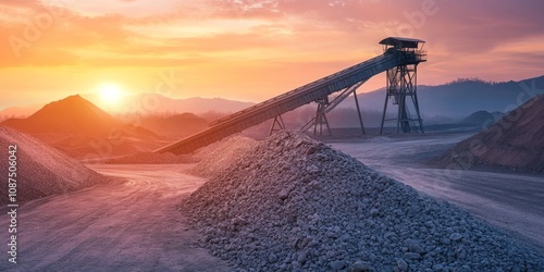 Belt conveyor efficiently transports crushed stone to storage during a stunning sunset, showcasing the functionality of the belt conveyor in aggregate handling and storage processes. photo