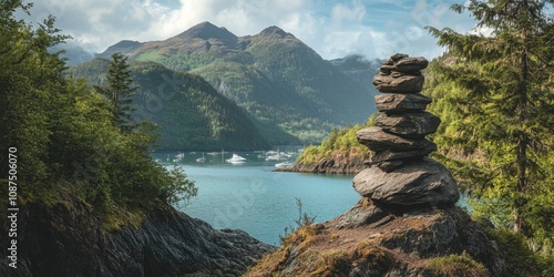 A rock stack along a scenic hiking trail, framed by a stunning backdrop of a harbor nestled among tree covered mountains. This vertical portrait captures the beauty of nature and exploration. photo