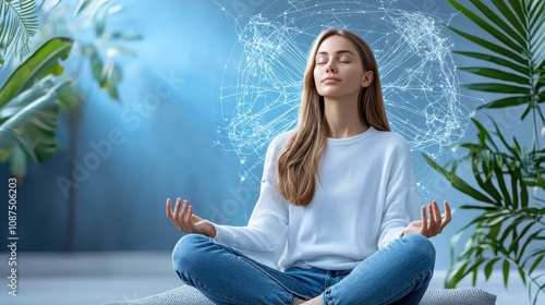 Young woman meditating in a serene environment with digital connections and global network graphic, symbolizing mindfulness, peace, and technology integration for wellness