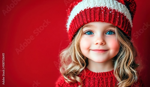 cute christmas child portrait isolated on bright red background, copy space. child portrait new year winter concept