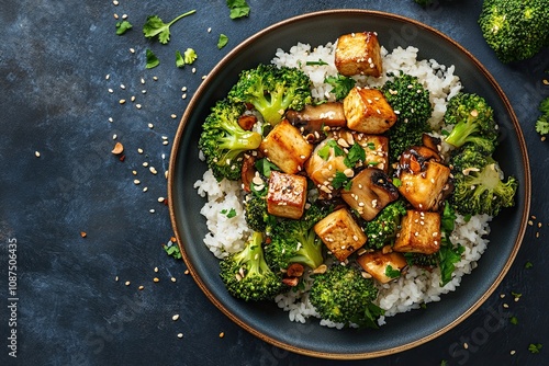 Tumis brokoli jamur. Mushroom broccoli stir fry is a dish consisting of broccoli, tofu and mushrooms, cooked by sauteing. Served on a plate. Selective focus