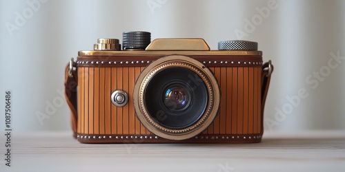 Classic 35 mm camera design from the mid nineteenth century showcases the elegance of vintage photography. This classic 35 mm camera is a tribute to historical camera craftsmanship and innovation. photo