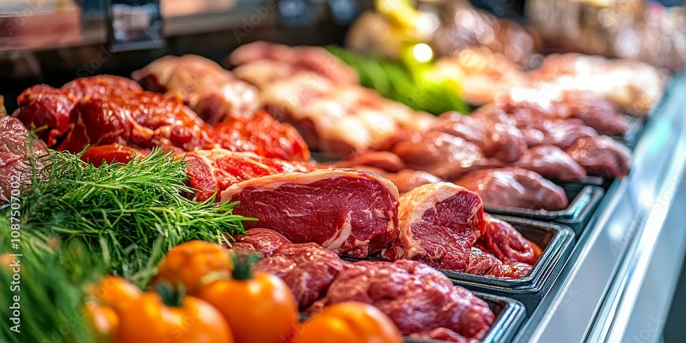 Close up of meat showcased in a supermarket display, highlighting the freshness and variety of meat options available for customers seeking quality meat selections. Close up of meat showcased in a supermarket display, highlighting the freshness and variety of meat options available for customers seeking quality meat selections.
