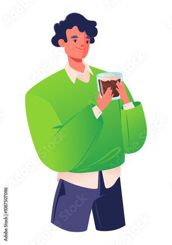 Man holding glass of coffee with foam. Vector illustration isolated on white. Advertising of coffee shops or drinks, recommendations of places to relax. Blogs or articles, texts about coffee culture