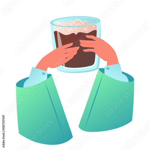 Hot or cold drink. Cold macchiato in glass, latte, or cappuccino. Concept of morning energy, breakfast drink. Hands hold coffee mug. Cozy vector  hand drawn illustration 