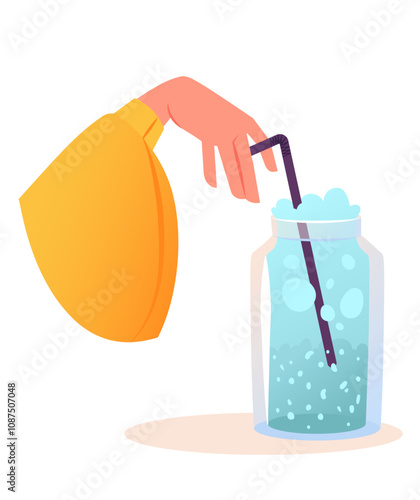 Concept of drinks, cocktails, cafeterias and coffee. Hand with drink of blue color in a fashionable jar with straw and lush foam. Milkshake, ice cream. Concept of delivery of coffee or drink