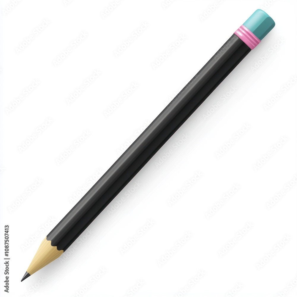 A simple black pencil with a pink eraser and a blue tip, used for writing or drawing. A simple black pencil with a pink eraser and a blue tip, used for writing or drawing.
