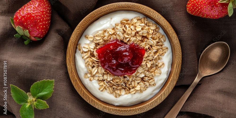 Granola breakfast served in a wooden bowl, paired with fresh Greek yogurt, strawberry jam, and dry oats, elegantly displayed against a brown cloth background. Top view of this granola breakfast. Granola breakfast served in a wooden bowl, paired with fresh Greek yogurt, strawberry jam, and dry oats, elegantly displayed against a brown cloth background. Top view of this granola breakfast.