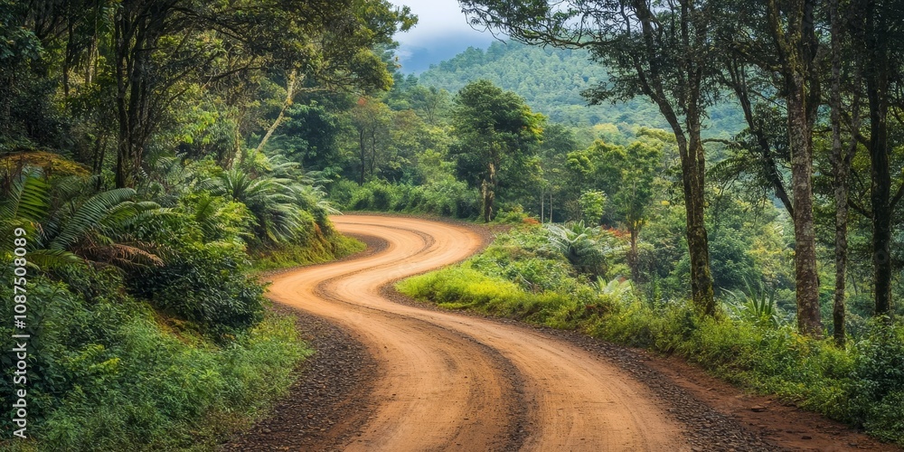 Steep dirt road winding through a lush tree plantation, showcasing the natural beauty of the environment and inviting exploration along the scenic steep dirt road surrounded by greenery. Steep dirt road winding through a lush tree plantation, showcasing the natural beauty of the environment and inviting exploration along the scenic steep dirt road surrounded by greenery.