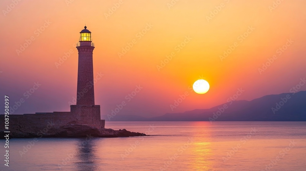 lighthouse in the sea while sunrise / sunset lighthouse in the sea while sunrise / sunset