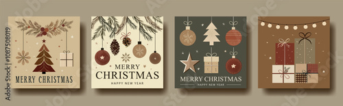 Set of Four Rustic Farmcore Christmas and New Year Greeting Cards: Featuring Pine Branches, Ornaments, Gifts, and Stars in Warm Earthy Tones for Festive Holiday Celebrations