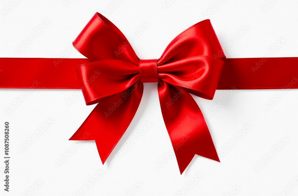 A vibrant red satin bow is elegantly tied on a ribbon, perfect for adding a festive touch to gift packaging A vibrant red satin bow is elegantly tied on a ribbon, perfect for adding a festive touch to gift packaging