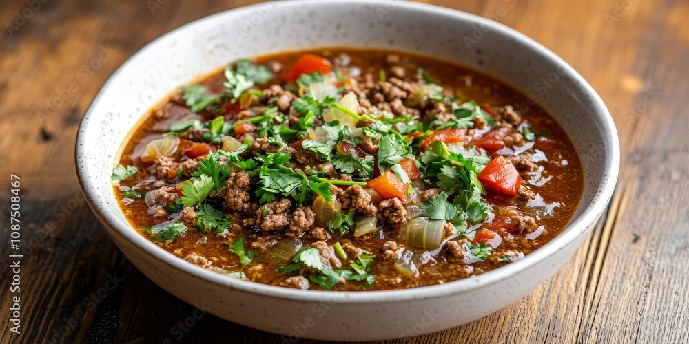 Ground beef cabbage soup featuring hamburger, red pepper, onion, tomatoes, and fresh coriander elegantly presented in a white bowl on a wooden table, showcasing a delicious American recipe. Ground beef cabbage soup featuring hamburger, red pepper, onion, tomatoes, and fresh coriander elegantly presented in a white bowl on a wooden table, showcasing a delicious American recipe.