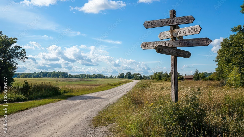 A rustic wooden signpost at a rural road junction, pointing travelers toward different small towns and farms A rustic wooden signpost at a rural road junction, pointing travelers toward different small towns and farms