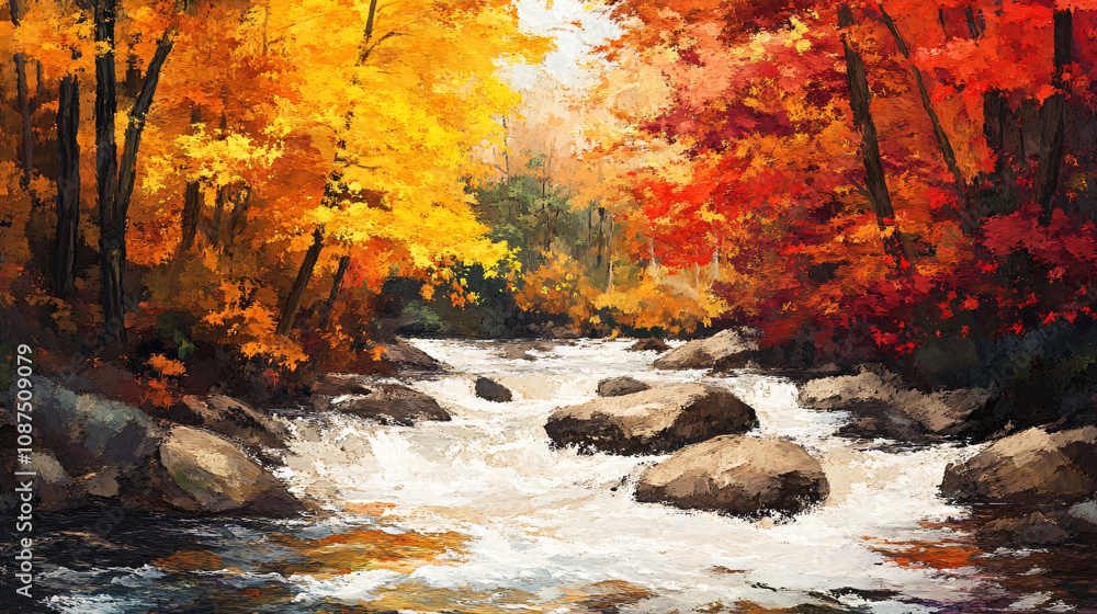 A river surrounded by autumn trees with shades of red, yellow, and brown. A river surrounded by autumn trees with shades of red, yellow, and brown.