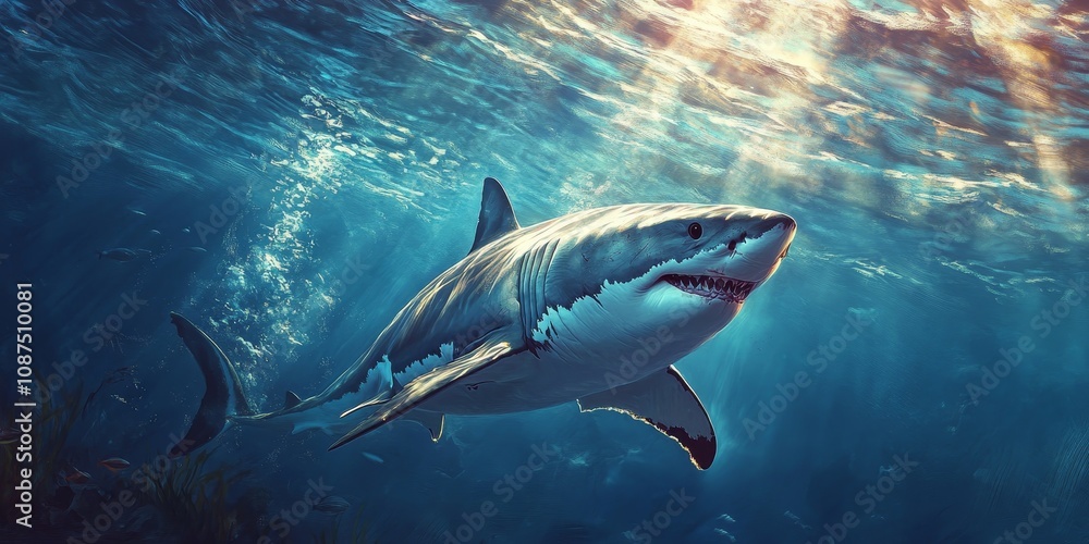 Fototapeta premium A captivating image of a beautiful wild great white shark swimming gracefully underwater, showcasing the majesty and power of this incredible great white shark species in its natural habitat.