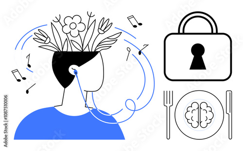 Person with flowers growing from the head listening to music beside a padlock and brain on a plate with utensils. Ideal for mental health, creativity, wellness, productivity, music therapy, brain