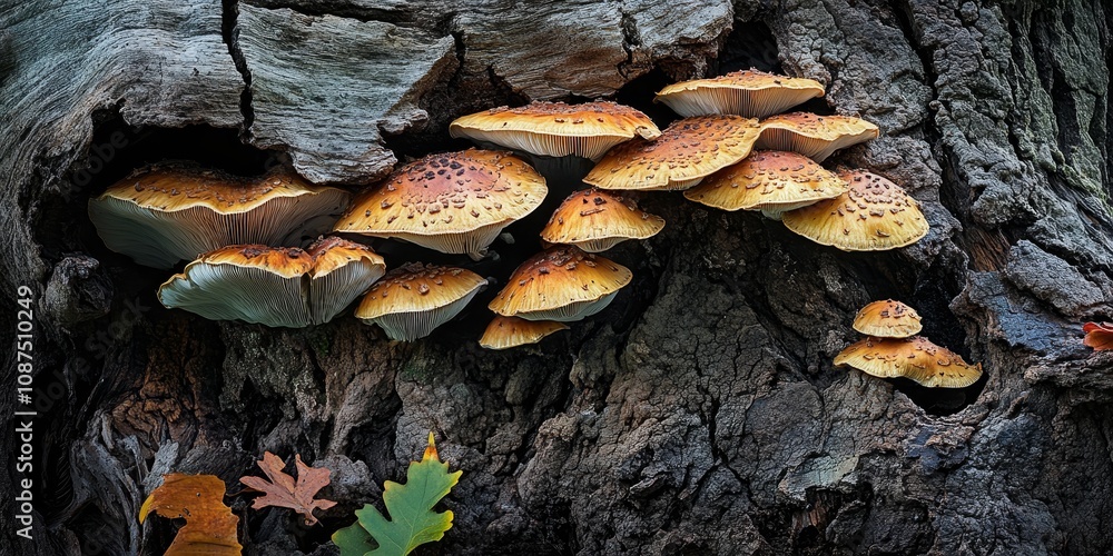 Mushrooms grow abundantly on a decaying tree, showcasing the beauty of nature s mushrooms as they thrive in their natural habitat among the textured bark and surrounding foliage. Mushrooms grow abundantly on a decaying tree, showcasing the beauty of nature s mushrooms as they thrive in their natural habitat among the textured bark and surrounding foliage.