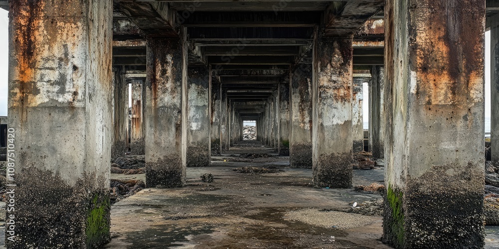 Abandoned wharves feature concrete pillars that have been weathered over time, showcasing the beauty of decay and nature s reclaiming of abandoned structures like these wharves and pillars. Abandoned wharves feature concrete pillars that have been weathered over time, showcasing the beauty of decay and nature s reclaiming of abandoned structures like these wharves and pillars.