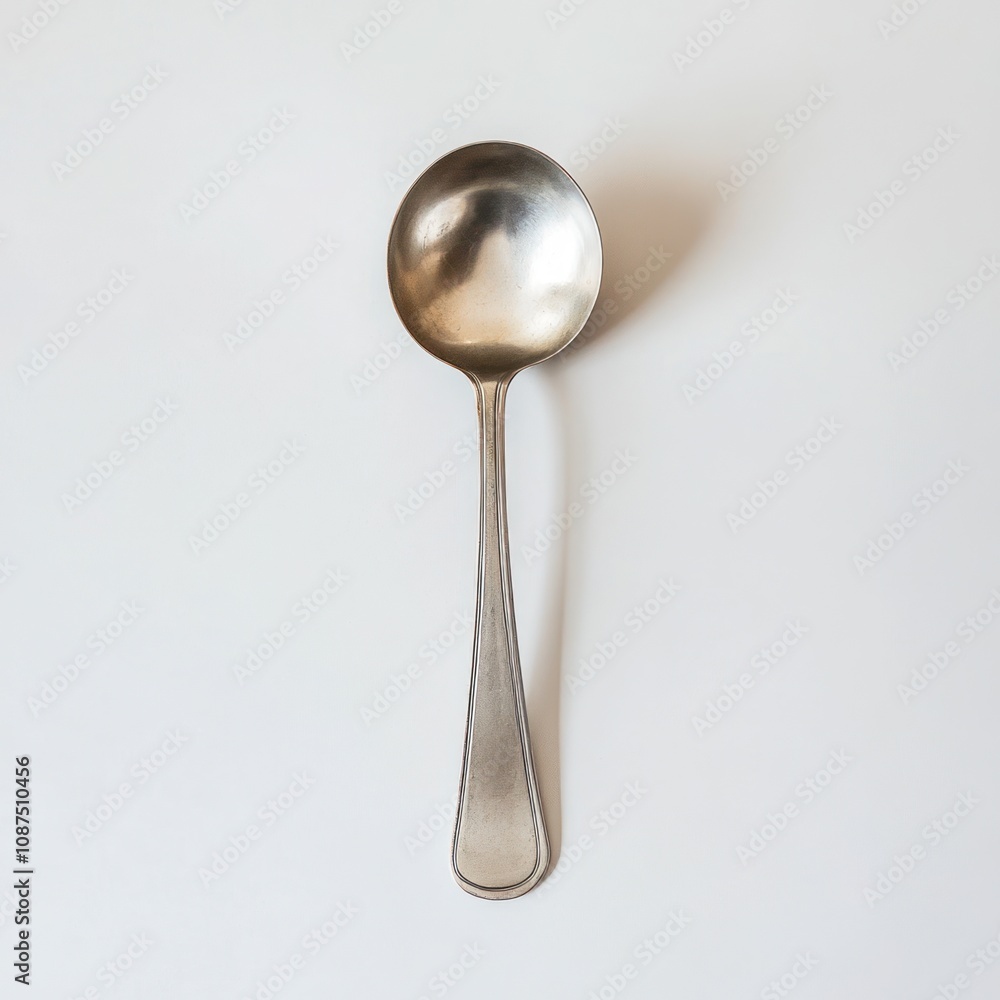 A simple metal spoon resting on a white background, used for serving or eating food. A simple metal spoon resting on a white background, used for serving or eating food.