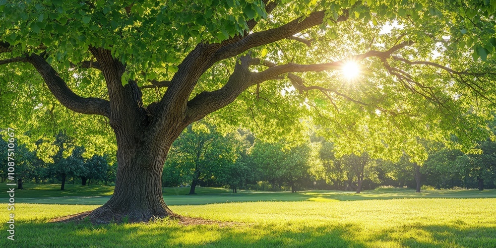 Large oak tree in a park showcasing vibrant early spring green leaves, highlighting the beauty of nature and the refreshing ambiance created by the lush greenery of the oak tree. Large oak tree in a park showcasing vibrant early spring green leaves, highlighting the beauty of nature and the refreshing ambiance created by the lush greenery of the oak tree.