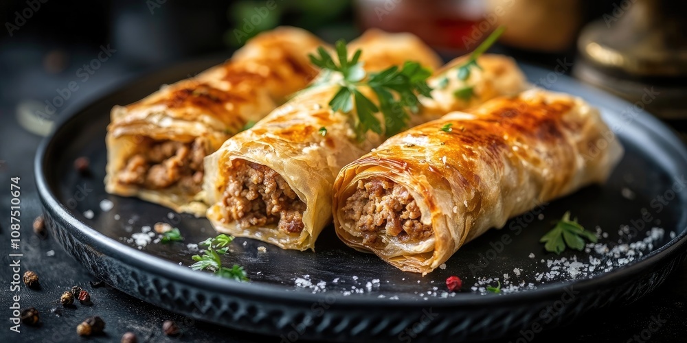 Crispy_sigara_borek_rolls_are_a_delightful_traditional_treat_featuring_minced_meat_wrapped_in_delicate_fillo_pastry_This_close_up_showcases_sigara_borek_on_a_stylish_Nordic_plate_against_a_dark_b Crispy_sigara_borek_rolls_are_a_delightful_traditional_treat_featuring_minced_meat_wrapped_in_delicate_fillo_pastry_This_close_up_showcases_sigara_borek_on_a_stylish_Nordic_plate_against_a_dark_b