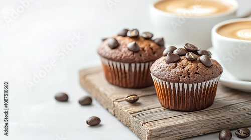 Chocolate muffin and espresso on a rustic wooden surface, cozy cafe backdrop with soft focus and warm tones, simple and comforting scene