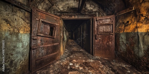 Abandoned underground tunnel of an old iron mine featuring broken doors, highlighting the haunting remnants of the old iron mine s history and its eerie atmosphere.